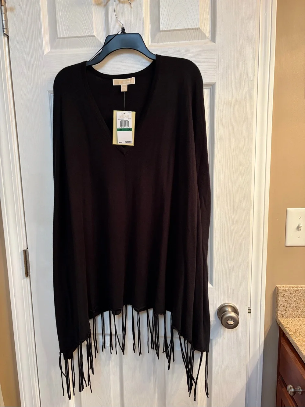 Michael Kors Black V-Neck Fringe-Hem poncho